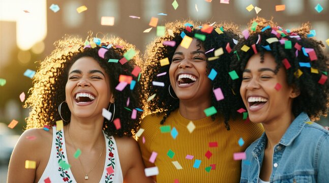 Three happy young women laugh joyfully together. Confetti falls around them outdoors during a celebration. Friends share fun moments, enjoying party time with bright smiles and laughter.