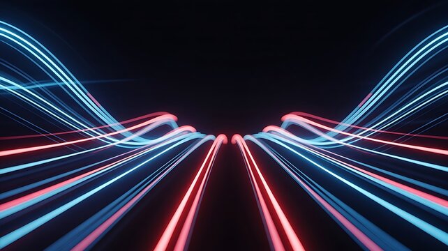 Abstract digital technology background with glowing red and blue light trails moving forward rapidly