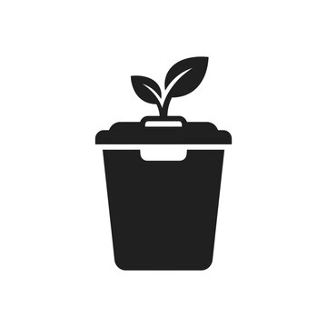 Eco-friendly compost bin icon, organic waste recycling symbol with green leaf, sustainable trash can vector illustration