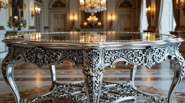 Close-up of an ornate silver table with intricate carvings. The table has a reflective surface and is set in a luxurious grand room with warm lighting and decorative elements.