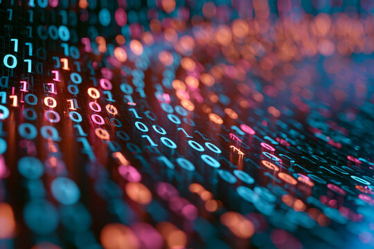 Glowing binary digits flow in a dark digital space. Tech background.