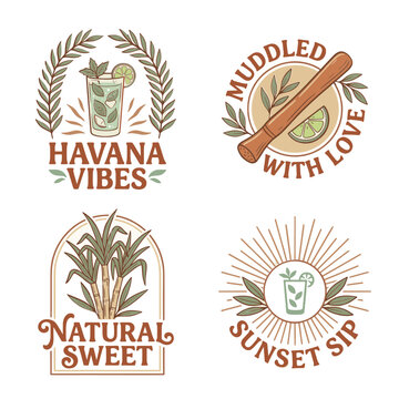 Set of four vintage retro style cocktail badges and logos with mojito ingredients and text.