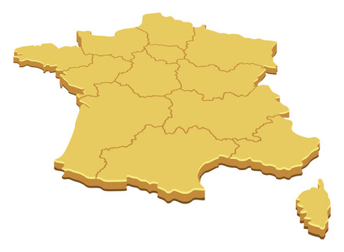 3D isometric map of France with administrative regional borders representing European travel destinations, national territory, local tourism, and geographical location (cut out)