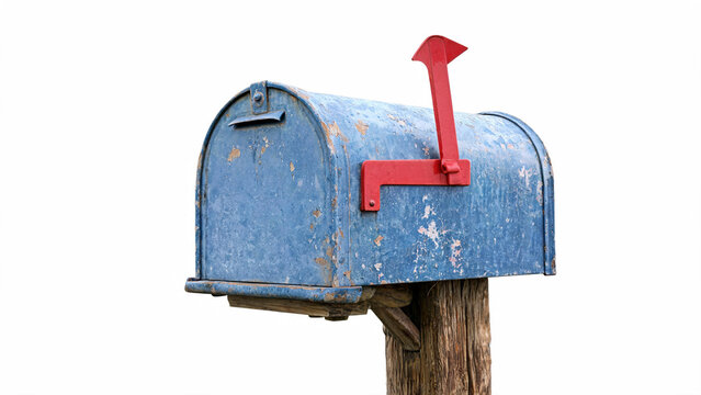 Isolated weathered blue rural mailbox with red flag open on rustic wooden post
