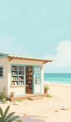 Fototapeta premium Charming Pastel Color Bookstore by the Beach with Pink Door and Light Blue Walls Overlooking Calm Ocean and Sunny Sky