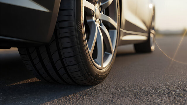 Automotive tire and alloy wheel on asphalt road close up photography