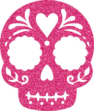 Sparkling pink glitter sugar skull with heart and floral cutout details, inspired by traditional Day of the Dead decorative art.