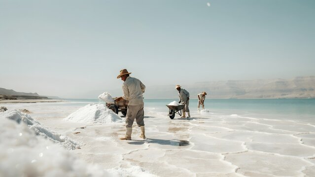 Salt Harvesting at Scenic Shoreline with Workers and Clear Water