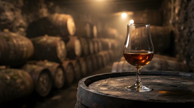 Whisky Glass on Oak Barrel in Warmly Lit Traditional Distillery Cellar