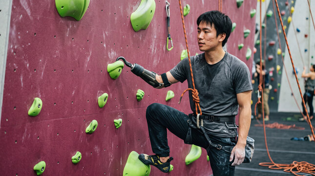 Asian man with a prosthetic arm pausing on a climbing wall during an indoor bouldering session representing diversity and inclusion in sports
