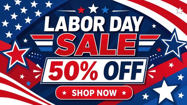 Labor day sale banner with 50 percent off discount and shop now button