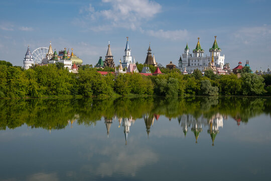 View on the towers of the Izmailovsky Kremlin from the Serebryano-Vinogradny Pond. Moscow, Russia