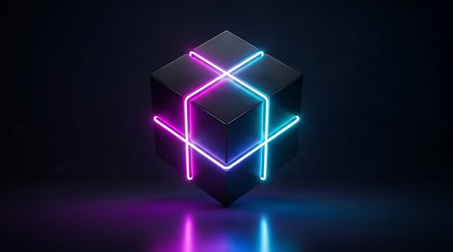 Floating dark cube with glowing neon pink and cyan light strips, forming a cross pattern on a reflective surface against a dark background