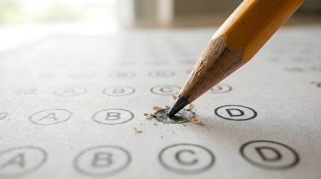 Close up of a yellow pencil filling in a bubble answer on a multiple choice standardized exam sheet