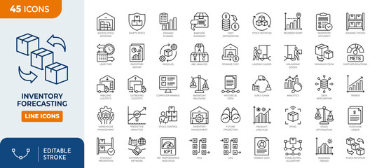 Inventory forecasting line editable icon set. Containing inventory, forecasting, logistic, stock, supply, demand, product, management, warehouse, storage, distribution, and more. Vector illustration