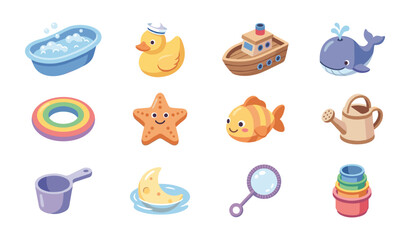 Comprehensive collection of children bathtub toys vector icons with yellow duck wooden boat sea creatures and water play tools for toddlers.
