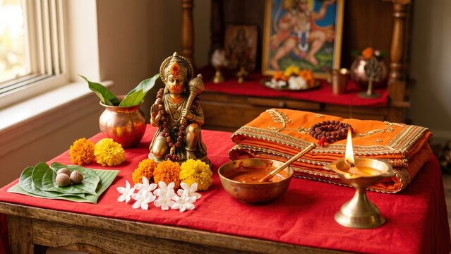 Tuesday Hanuman Puja Setup - Orange Chola, Sindoor and Diya.