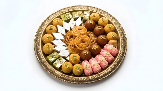Traditional indian sweets platter with gulab jamun, jalebi, kaju katli, laddu, and cham cham isolated on white background