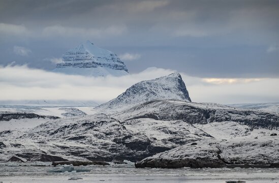 One of the three mountains: Tee Kroner (Three Crowns), Kronebreen or Kronengletscher Glacier, Kongsfjord or Kongsfjorden, the Svalbard archipelago, Svalbard, Norway