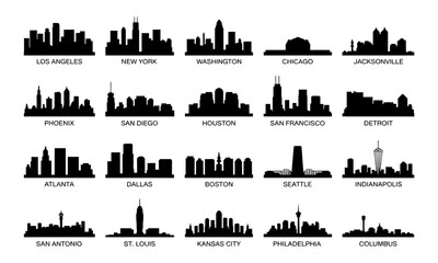 Naklejka premium Skyline silhouettes of major us cities, modern minimalist city architecture urban