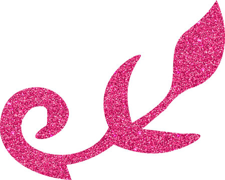 Sparkling pink glitter botanical flourish with a curled vine and stylized leaves, creating a bright decorative design element.