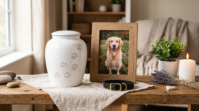 Pet memorial corner with a white ceramic urn, dog photo frame, and collar.