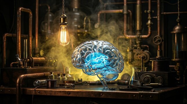 Futuristic glowing glass human brain model inside a steampunk industrial laboratory with smoke gears