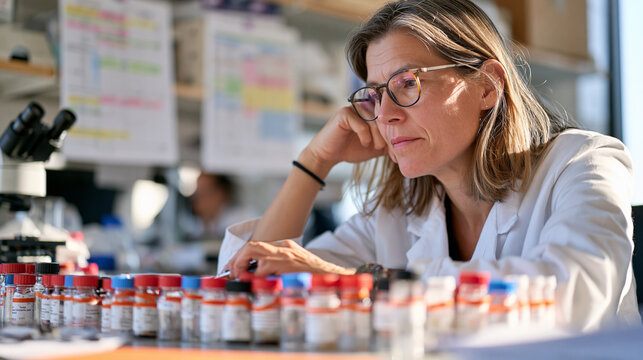 A toxicologist reviews residue samples on a warm laboratory bench in the aftermath of an analysis session, vials labeled and sorted in rows, reference charts pinned to the wall behind suggesting gam