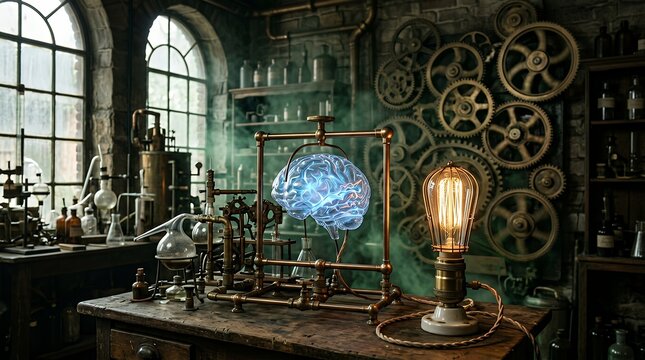 Futuristic glowing brain concept in a classic steampunk workshop filled with antique gears and tools