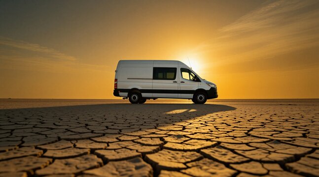 White cargo van parked on dry cracked desert ground during golden sunset. Commercial transport vehicle stands in remote arid wilderness landscape under bright sun. Silhouette of modern delivery truck