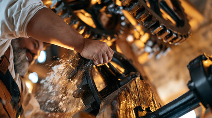 Fototapeta premium A windmill keeper adjusts a mechanical brake inside a candlelit stone mill tower, flour dust hanging in the air as worn gears turn overhead, the process-in-action framing showing calloused hands on 