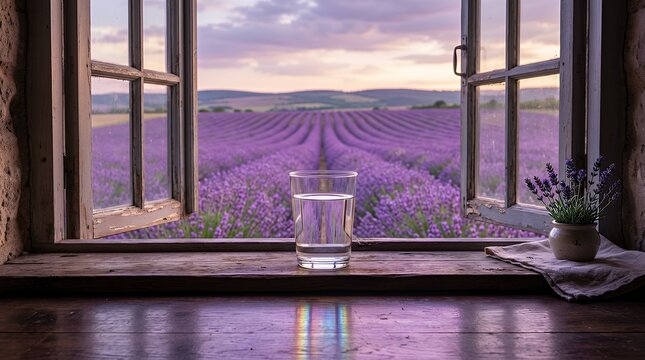 Glass of Fresh Water on Rustic Wooden Windowsill Overlooking a Blooming Purple Lavender Field at Sunset