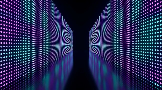 Two parallel walls of glowing neon dot matrix panels in purple and cyan, creating a perspective tunnel effect on a reflective black floor