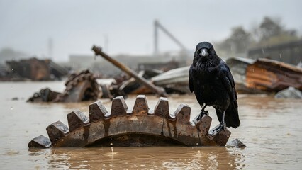 Naklejka premium Dark Raven Perched on Rusty Gear Amidst Flooded Industrial Scene