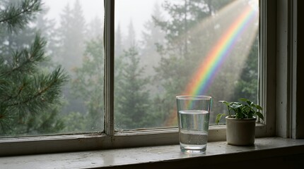 Fototapeta premium Fresh glass of water and green plant on windowsill with misty pine forest and rainbow refraction