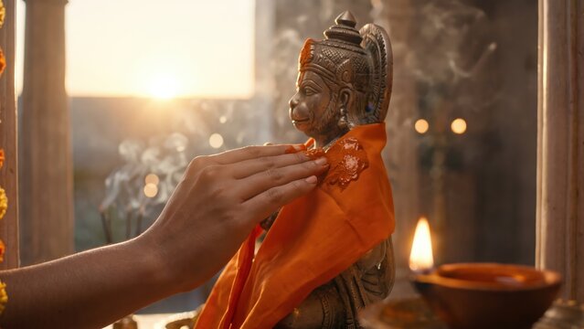 Devotee Applying Sindoor Chola to Hanuman Idol - Temple Ritual.