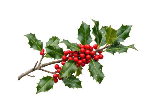Branch of holly with vibrant red berries and glossy green leaves on white background