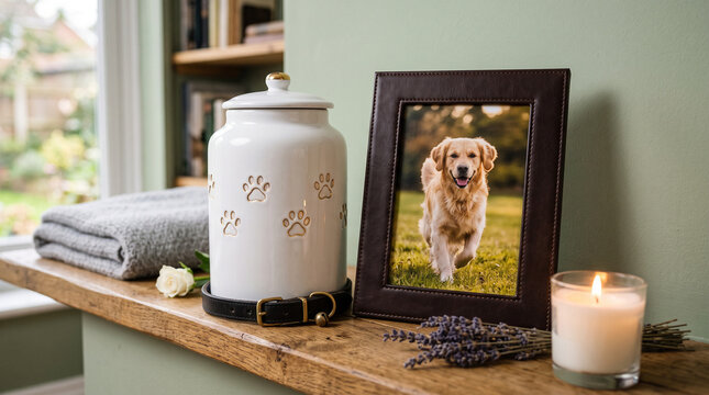White pet urn with paw prints and black collar next to a framed dog photo. Concept for pet memorial, loss, and remembrance in pet cremation
