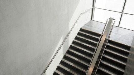 Fototapeta premium Well-lit inclusive staircase uses handrails and tactile warnings on black steps for safety