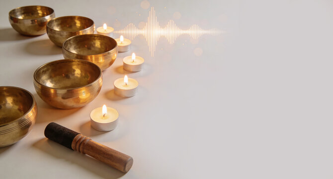 Tibetan Singing Bowls with Wooden Mallet and Candles for Sound Bath Meditation and Vibrational Sound Healing with Copy Space