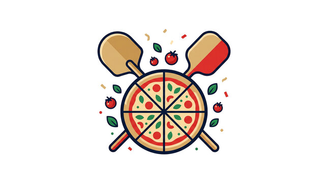 Pizzafest Naples colorful pizza emblem with crossed wooden peels, tomatoes and basil isolated on transparent background for Italian culinary festival design