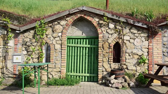 A traditional wine cellar with a green wooden gate and a grass-covered roof, South Moravia, Czech Republic