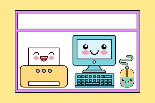 Cute educational flashcard template featuring kawaii computer hardware cartoon characters. Includes a smiling monitor, keyboard, mouse, and printer, perfect for teaching tech concepts to kids.