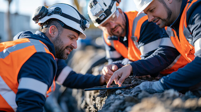 Excavation crew members in helmets and reflective vests cluster around a deep foundation trench at an industrial site, reviewing spectrum allocation plans on a hardhat-mounted tablet, their group dy