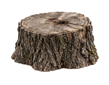 Weathered tree stump with rough bark and visible growth rings on a white background