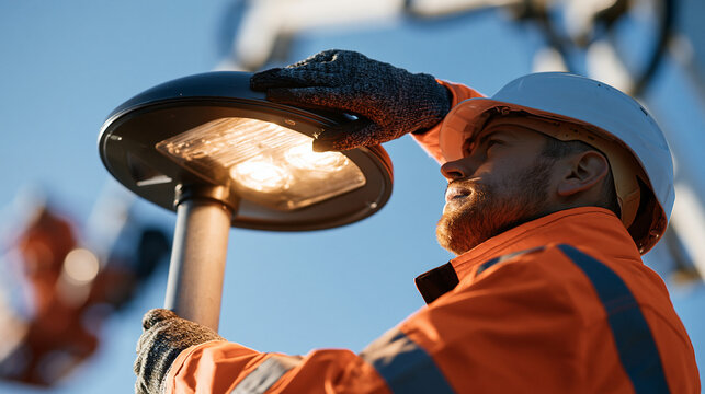 Cropped aerial view of a municipal worker repairing a lamppost at height under bright daylight face out of frame bright municipal worker lamppost repair elevated work aerial