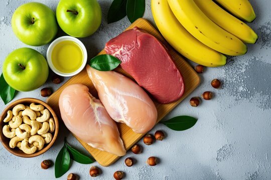 Raw chicken breast, red beef meat lie on wooden cutting board. Green apples with bananas, cashew nuts sit beside bowl of oil. Fresh organic food ingredients for balanced diet meal preparation