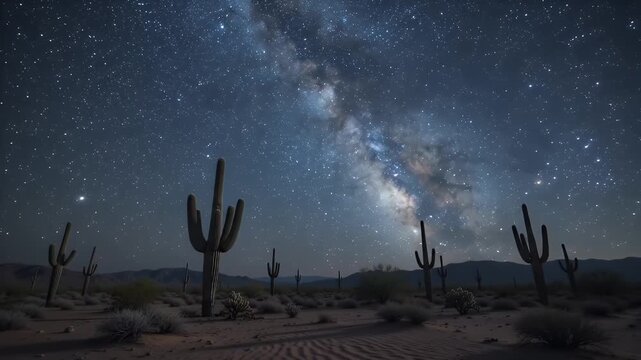 Stunning Milky Way galaxy over saguaro cactus in desert landscape at night