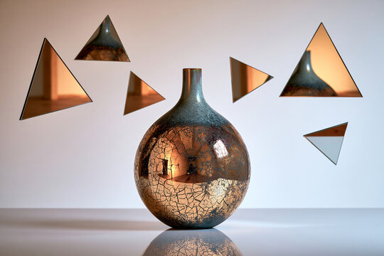 A metallic crackled vase with floating triangular mirrors. Ideal for.