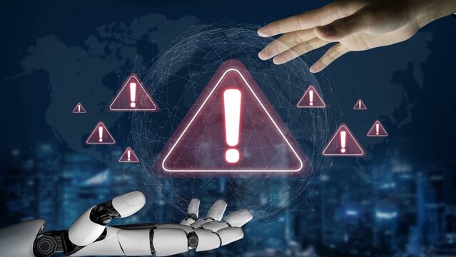 AI monitors network to issue real-time alerts for cybersecurity incidents. Alert warning show red cyber for data breach, network threat, emphasis on security risk, caution, digital protection Marrow